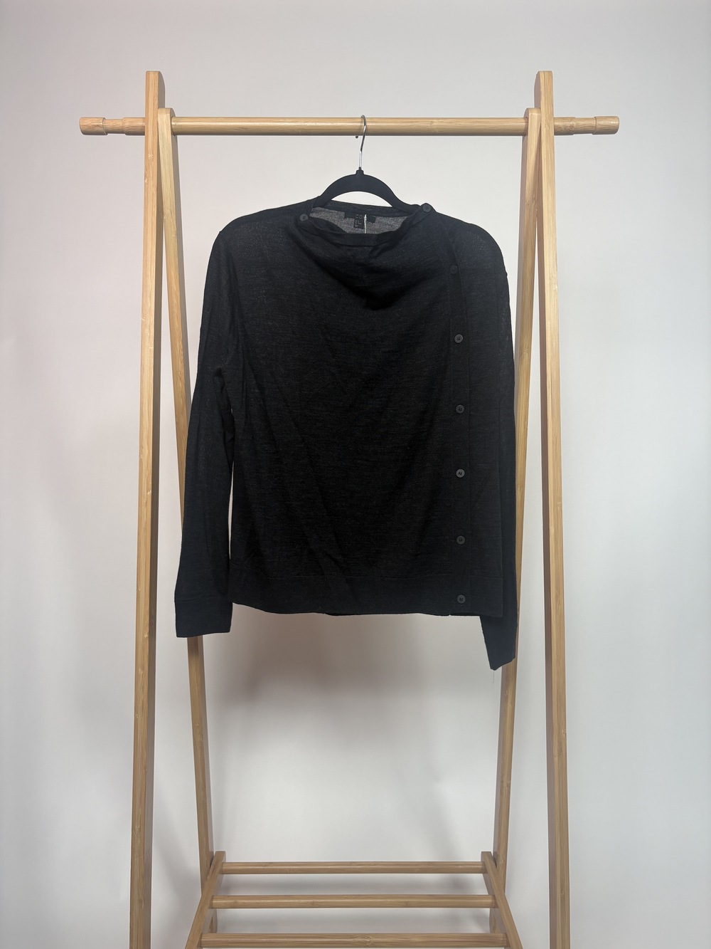PF-1244 Cos Merino Wool Draped Side Button Cardigan Sweater Charcoal